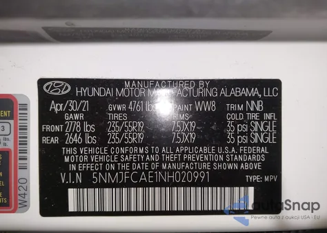 2022 Hyundai Tucson Sel z USA, uszkodzony, nr VIN 5NMJFCAE1NH020991